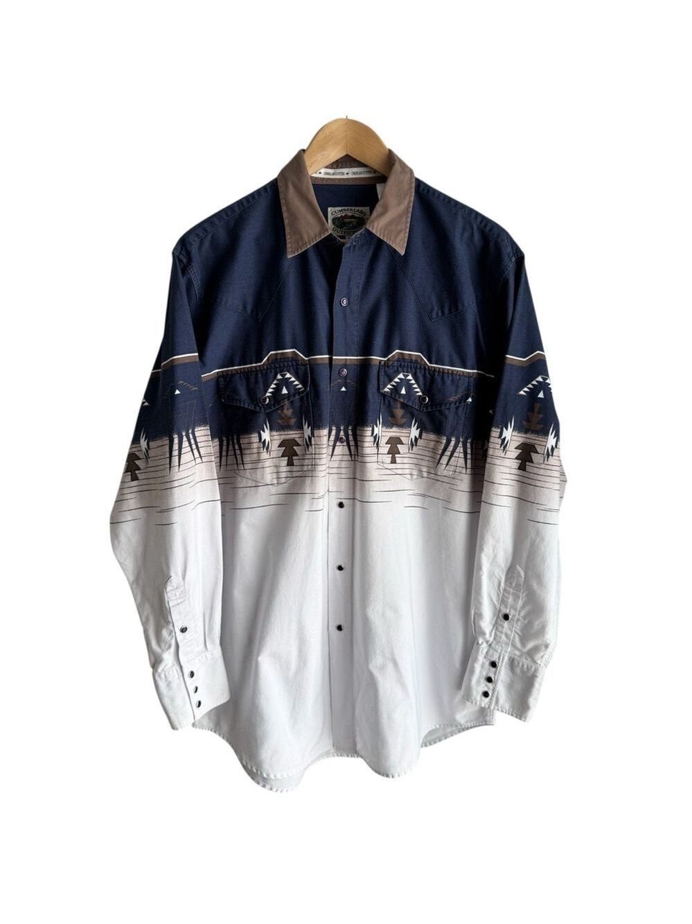 Vintage 90s Aztec Print Pearl Snap Shirt Mens L White Blue Western Ranch Rodeo